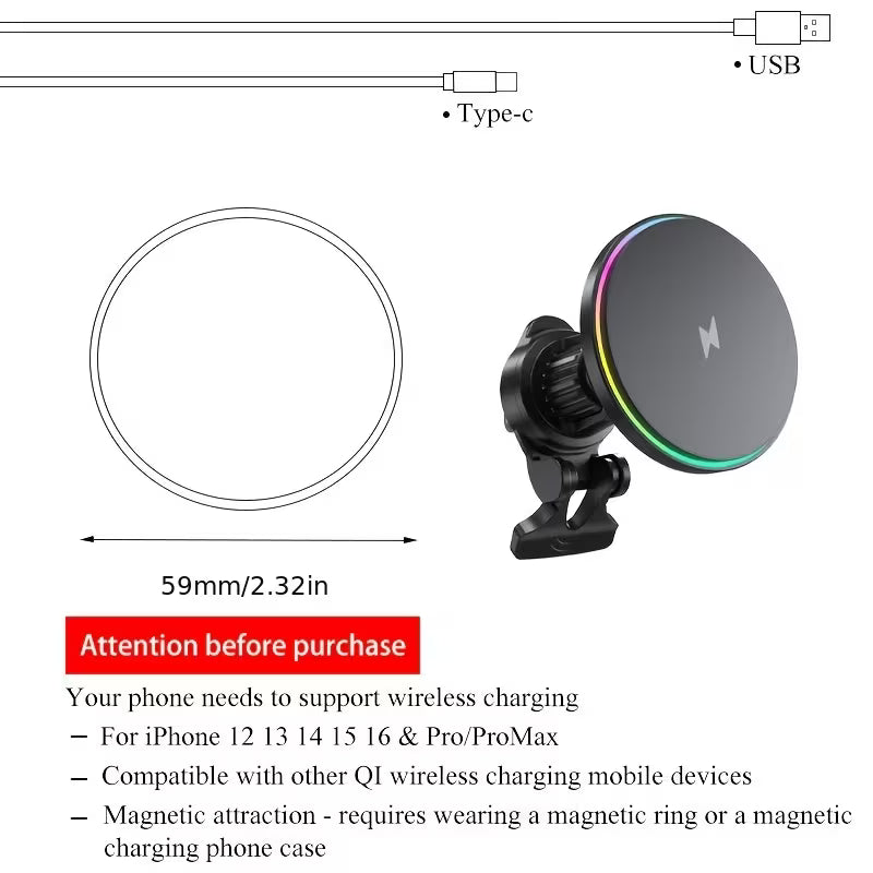 Cargador Inalámbrico Magnético 15W para Carro | Edición RGB Dinámica