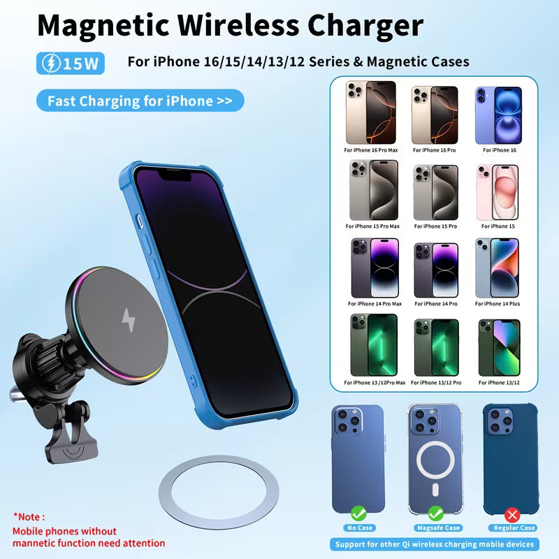 Cargador Inalámbrico Magnético 15W para Carro | Edición RGB Dinámica