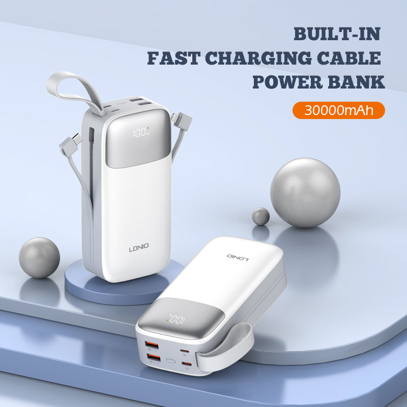 Power Bank 30,000mAh Carga Rápida y Cables Integrados 2en1