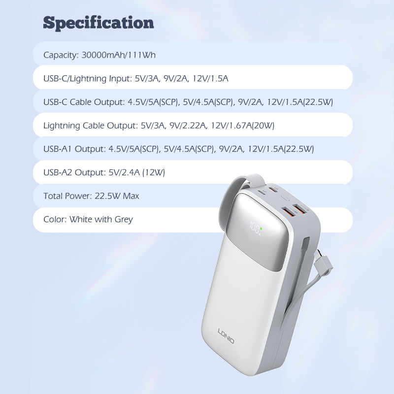 Power Bank 30,000mAh Carga Rápida y Cables Integrados 2en1